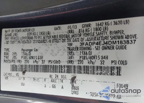 2013 Ford Fiesta Se из США, поврежденный, VIN 3FADP4EJ4DM183837